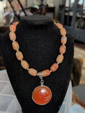 Hand Crafted Orange Agate Beaded Necklace with Round Orange Pendant